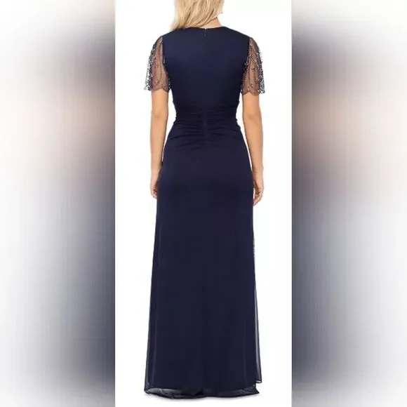 XSCAPE Petite Embellished V-Neck Fit & Flare Gown NWT Size 14P Navy Blue  Prom